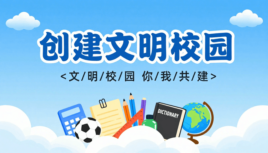 校园建设素材：创建文明校园：清新扁平插画宣传图