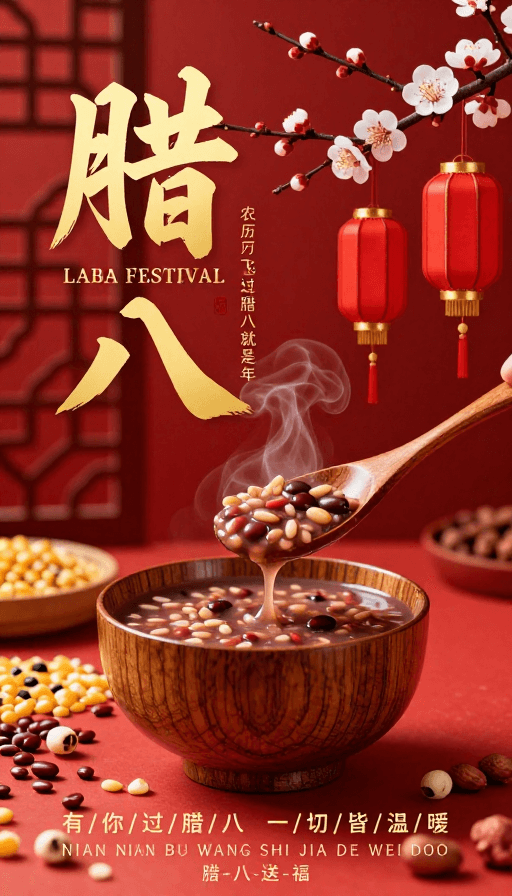 #中国风素材：烫金红金腊八节海报：传统年味与文化祝福