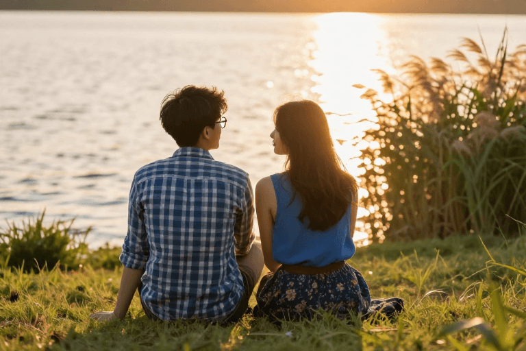 温暖色调素材：夕阳湖畔双人背影：温暖光影中的浪漫时刻