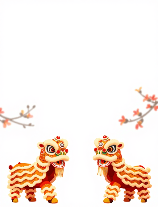 国潮插画素材：国潮舞狮与佛山木棉：极简渐变城市宣传图