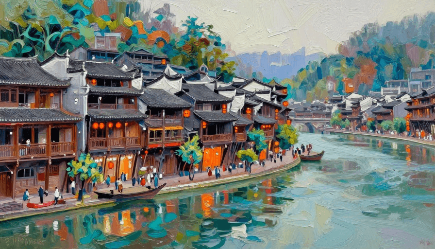 湖南凤凰古城素材：厚涂光影：凤凰吊脚楼油画盛宴