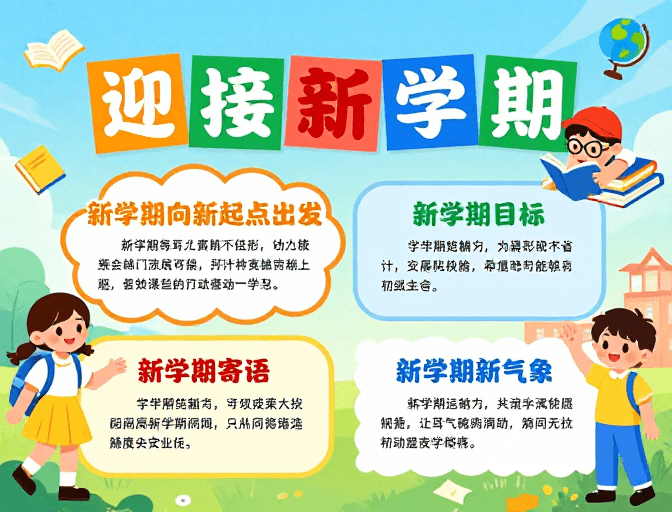 校园迎新素材：活力校园迎新：色彩鲜明的扁平化插画海报