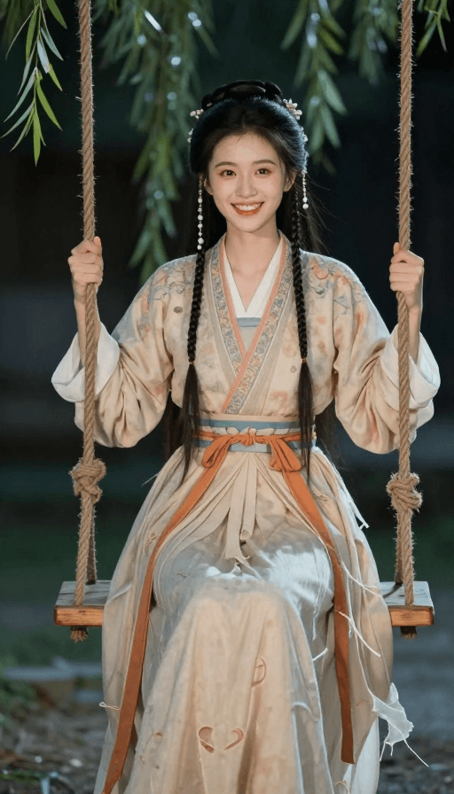 古代服饰素材：古风少女秋千笑影：破裙逆风·真实肌理电影感
