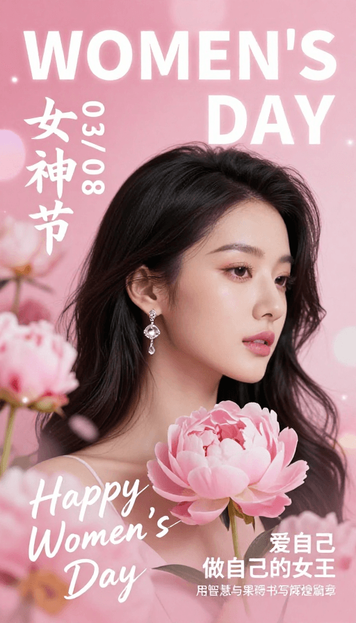 花卉摄影素材：梦幻粉调女神节海报：现代女性力量绽放