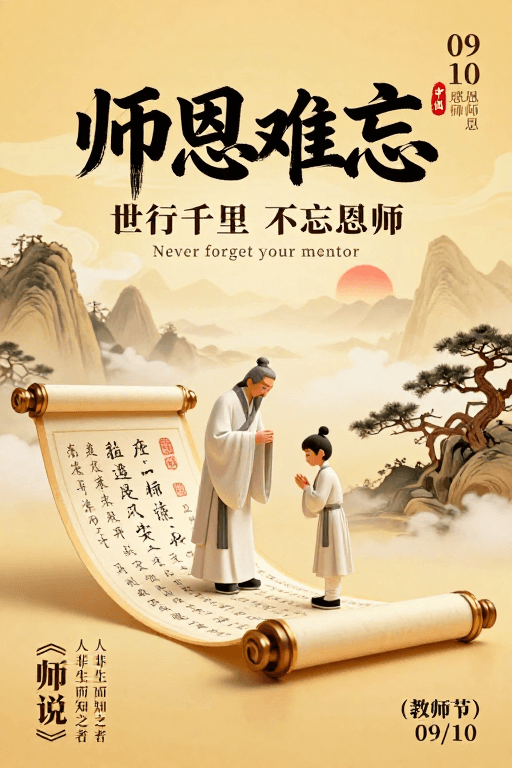 古典美学素材：水墨金辉：师恩难忘教师节海报