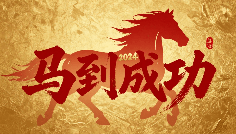 金色纹理素材：朱红书法金纹奔马：新年贺图