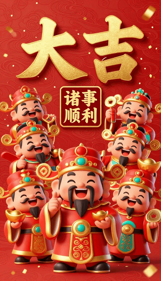 春节庆典素材：春节财神图：吉祥富贵传统节庆插画