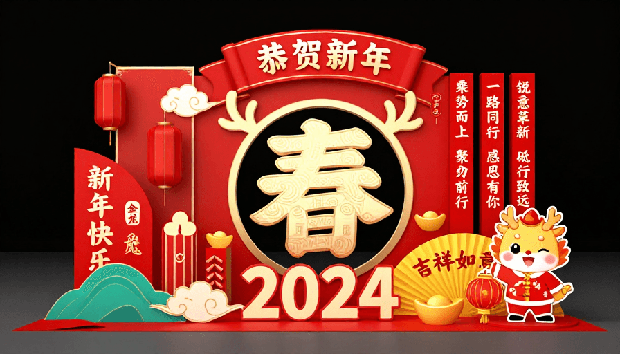 红色主调素材：红色中国风新年美陈展台设计，金色春字与吉祥元素融合
