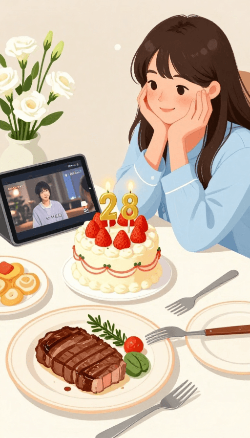 社交媒体分享素材：插画风生日宴：28岁女孩的草莓蛋糕与温馨时刻