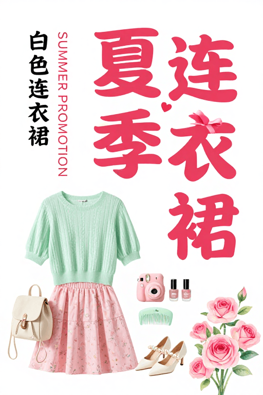 时尚穿搭展示素材：清新夏日连衣裙促销，粉绿配色甜美风设计