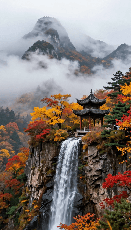 高清风景素材：秋日仙境：云雾飞瀑古亭山景实拍