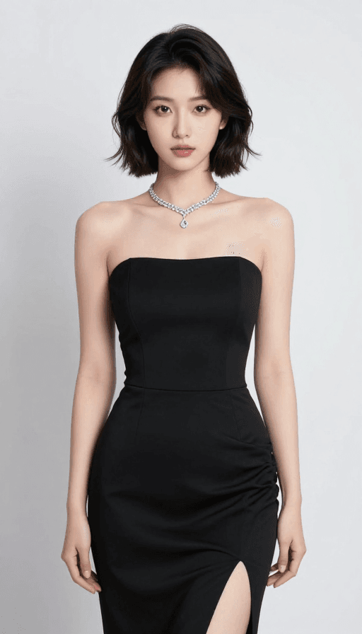 职业形象素材：黑色礼服冷艳证件照：钻石项链与修身剪裁的时尚魅力