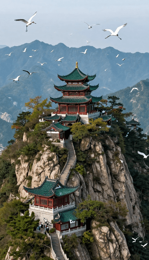 道教文化素材：高山道观仙鹤环绕：超高清实景摄影