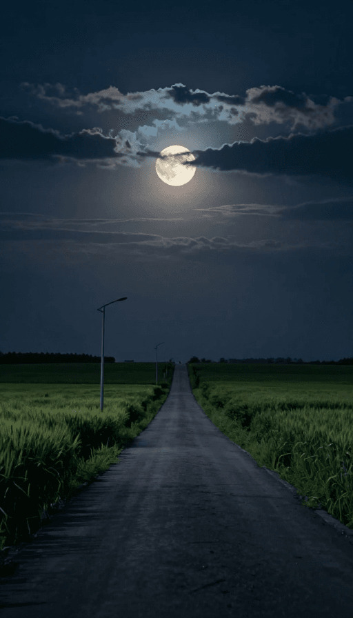 满月素材：静谧乡村夜：云遮明月照麦田昏灯
