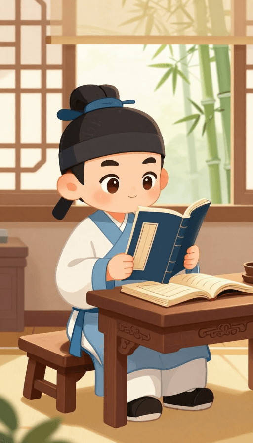 暖色调阳光素材：古代私塾童趣插画：蓝白书童捧书朗读