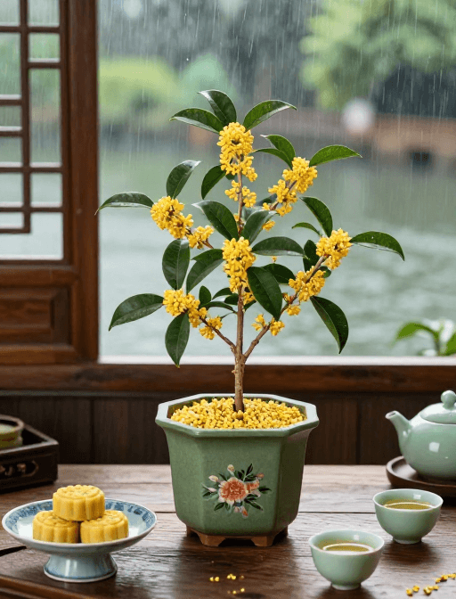 室内布置素材：四季常开桂花盆栽，中式雅致生活图景