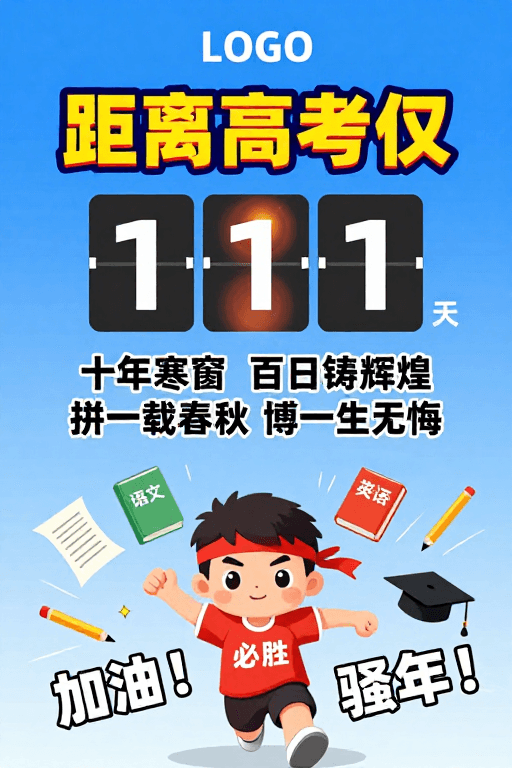 卡通插画素材：高考倒计时冲刺海报，活力少年激励画面设计