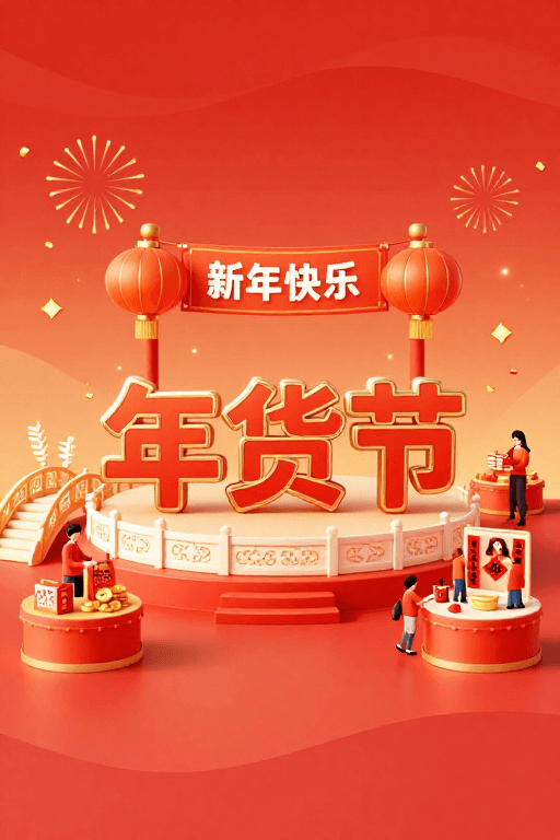 新年促销素材：喜庆年货节：橙金渐变中国风立体插画