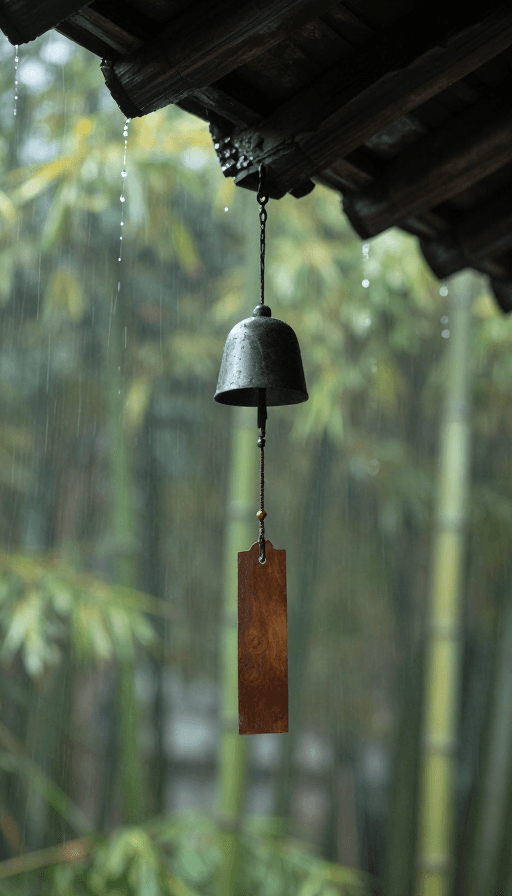 高清风景素材：檐上风铃雨滴特写：超清竹林背景的自然诗意