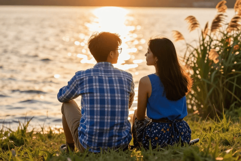 暖色调氛围素材：夕阳湖畔：情侣的浪漫剪影
