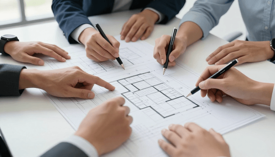 团队协作素材：多人协作审阅建筑图纸细节的专业设计评审场景