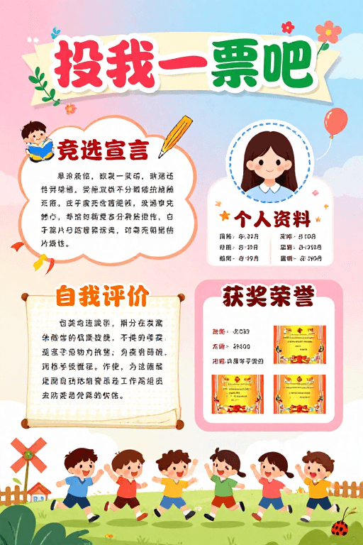 校园海报素材：童趣手绘竞选海报：色彩明快的校园风采展示