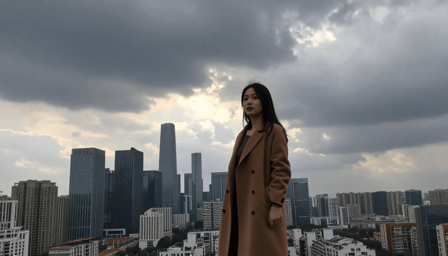 希望象征素材：乌云破晓：中国美女俯瞰现代都市的矛盾之美
