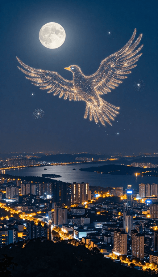 城市风光素材：月光下的中国：璀璨夜景中的神话大鹏