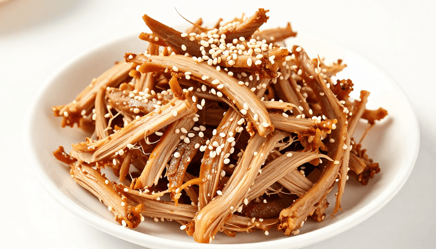 白瓷盘素材：精致卤味鸡丝特写：暖光下的诱人质感
