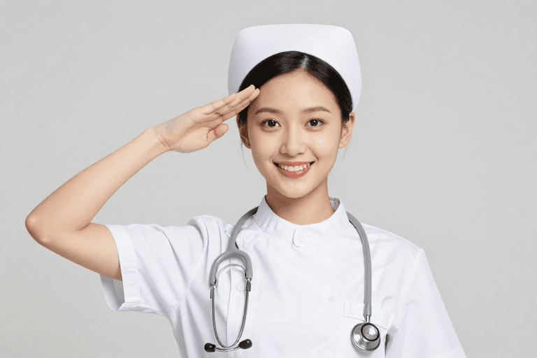 医疗健康素材：亚洲护士微笑敬礼：专业护理信赖之选