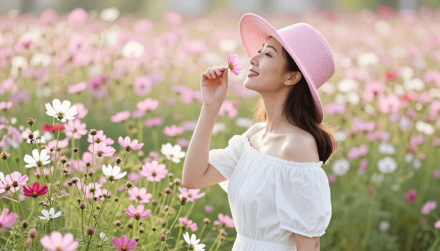 户外自然素材：侧逆光下的波斯菊与微笑：亚洲女性时尚写真