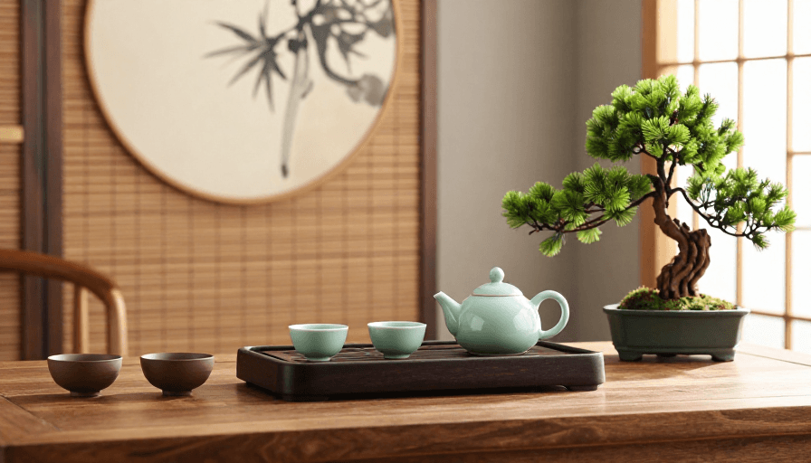 空间设计素材：暖棕中式茶席：青瓷与松景的静谧雅韵
