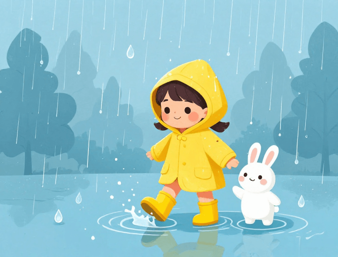 儿童产品素材：清新治愈雨天童话：黄衣女孩与兔子的温馨插画