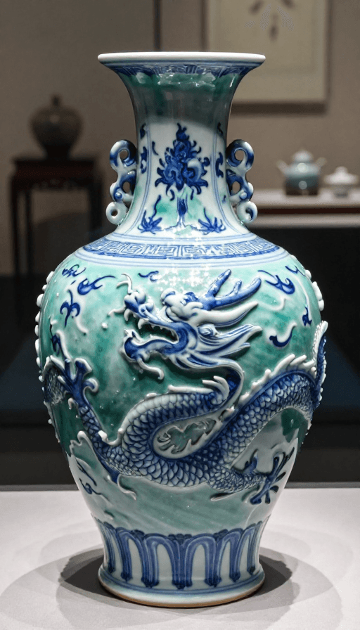 龙纹图案素材：蓝绿渐变釉面龙纹瓷瓶：古典工艺与现代美学的融合