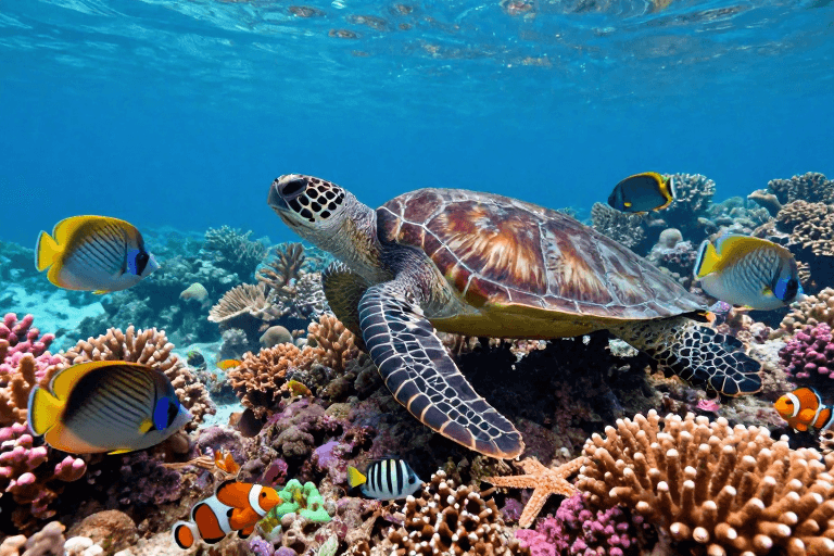 海洋生物素材：绚丽珊瑚礁海龟游弋