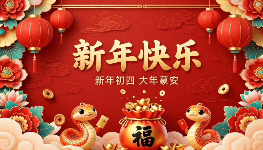 传统纹样素材：喜庆中国风新年海报：金色福袋与双蛇祥瑞祝福