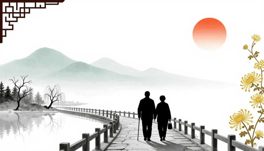 国风背景素材：水墨岁月：老年夫妇背影与远山落日