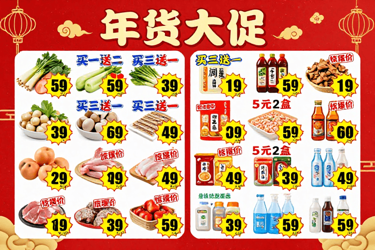 红金配色素材：春节年货大促：高饱和红金配色生鲜零食海报