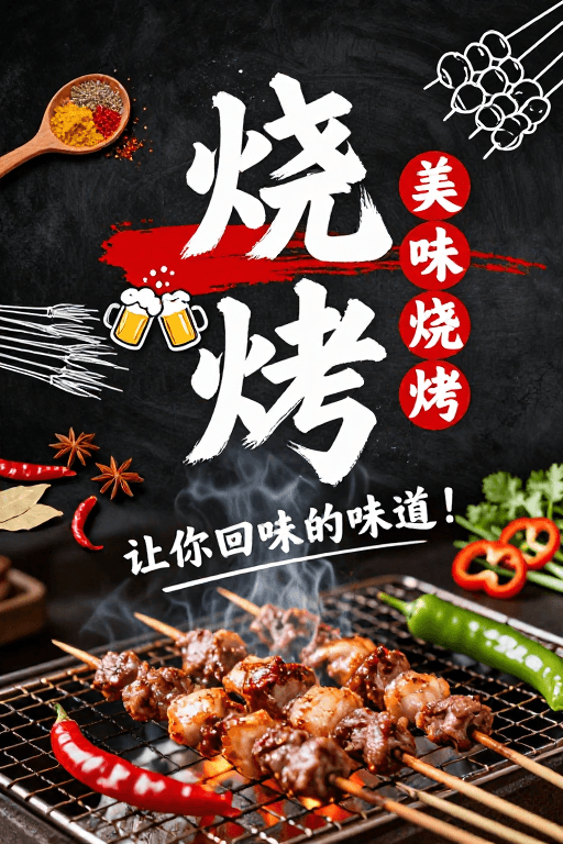食材特写素材：中式烧烤盛宴：烟火气中品味美味