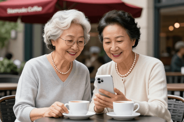 温馨生活素材：岁月静好：银发女性的温馨咖啡馆时光