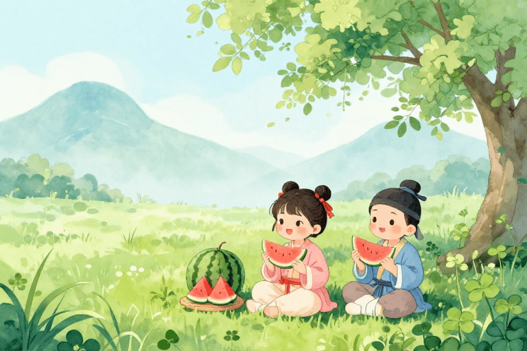 清新淡雅素材：清新夏日田园水彩：古风孩童共享西瓜时光
