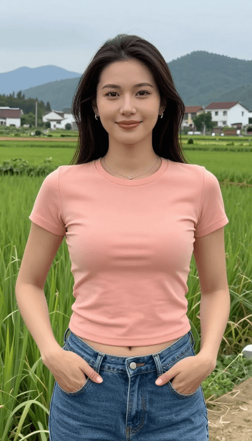 乡村人像素材：田园风人像：粉色穿搭与宁静微笑的乡村摄影