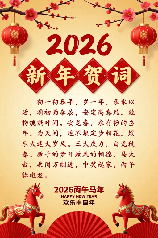 中国风设计素材：2026新年贺词：传统中国风春节艺术海报