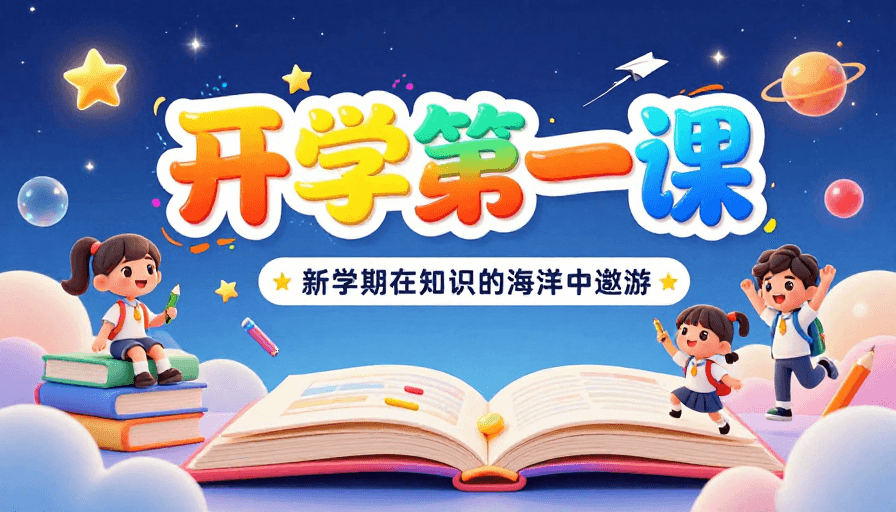 糖果色系素材：糖果星空中萌趣启航：开学季3D插画海报