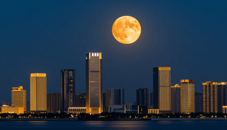 城市夜景素材：橙月辉耀现代都市夜景