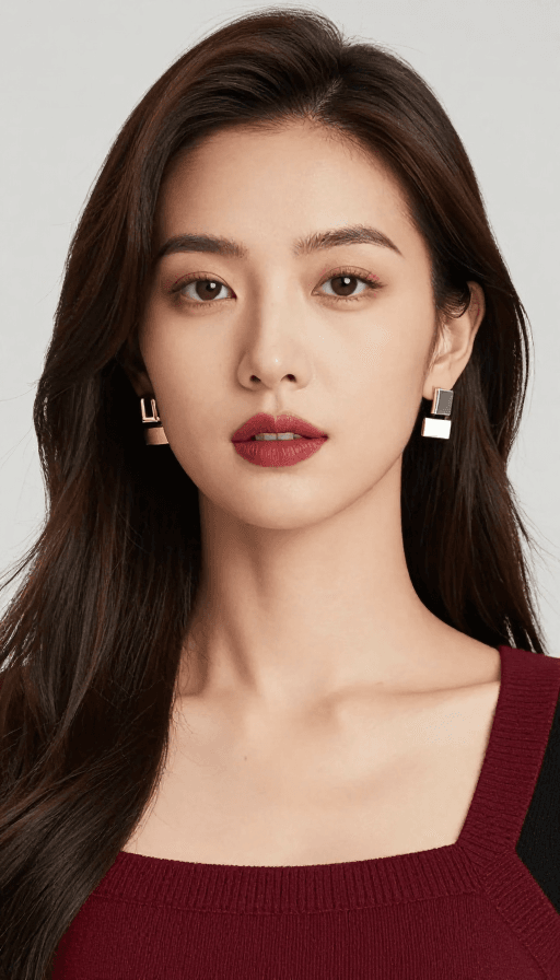 浅灰背景素材：优雅亚洲女性肖像：时尚美妆商业摄影