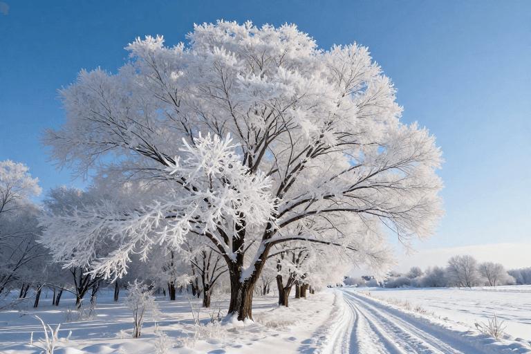 实景照片素材：冬景雪径：霜覆阔叶树之静谧美景