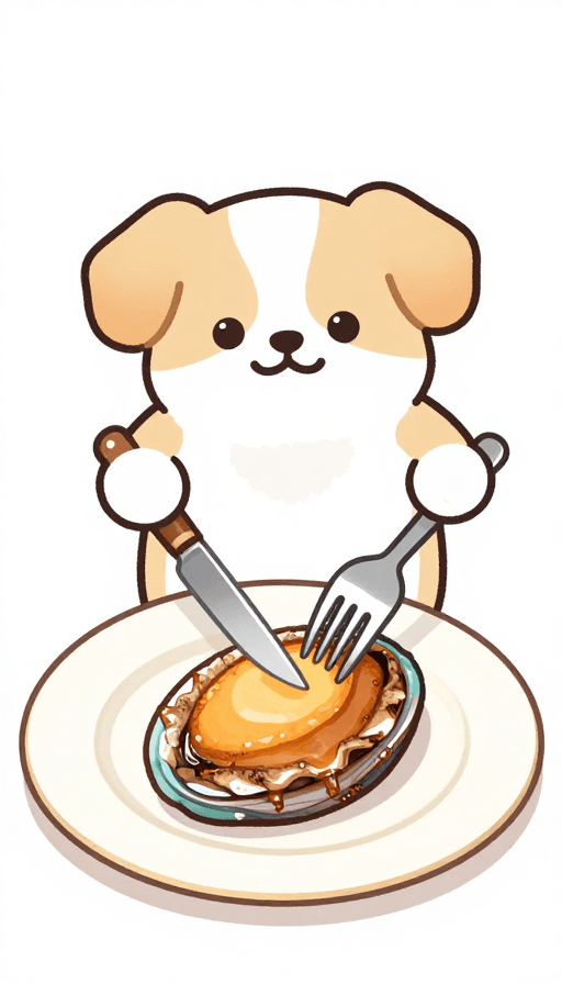 小狗素材：萌犬持刀叉切鲍鱼：美食创意插画