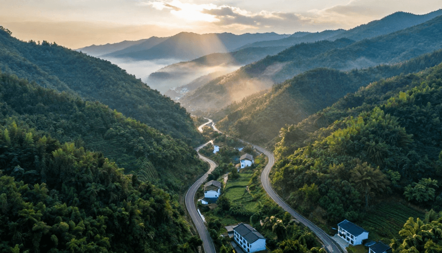 晨雾光影素材：晨曦山径：翠绿光影中的古韵秘境