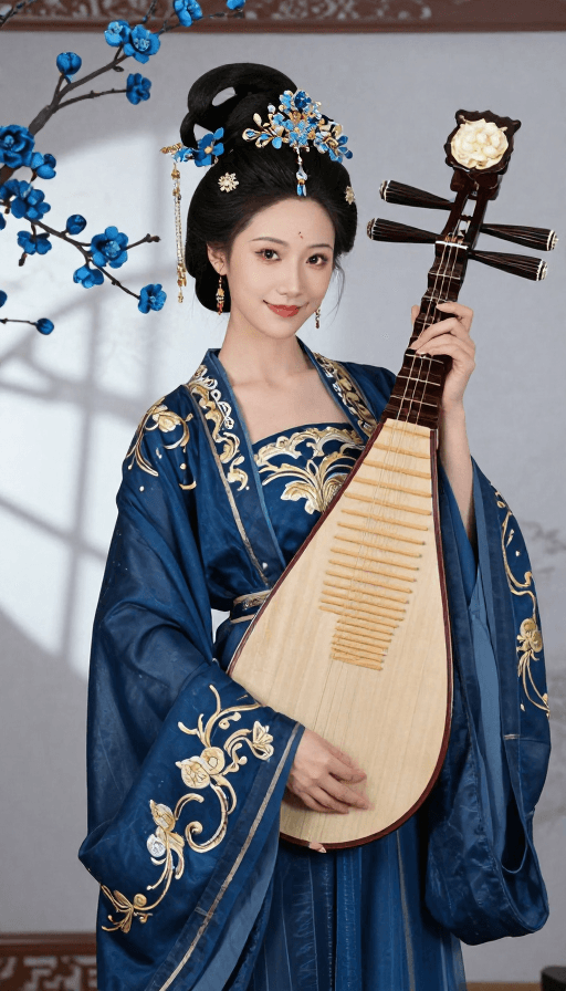 古风摄影素材：深蓝金绣汉服琵琶女子古风肖像
